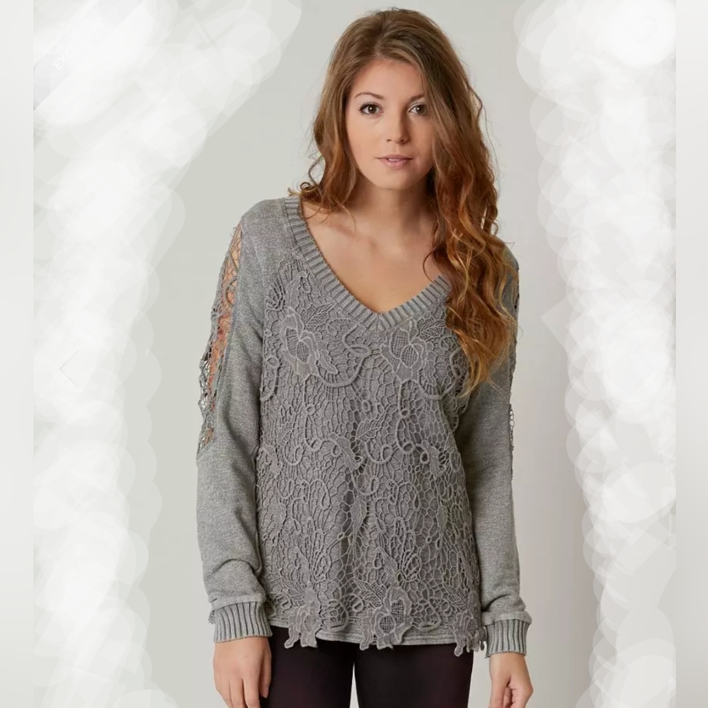 Gimmicks Boho/Coastal Cowgirl Gray Crochet Overlay French Terry Sweatshirt